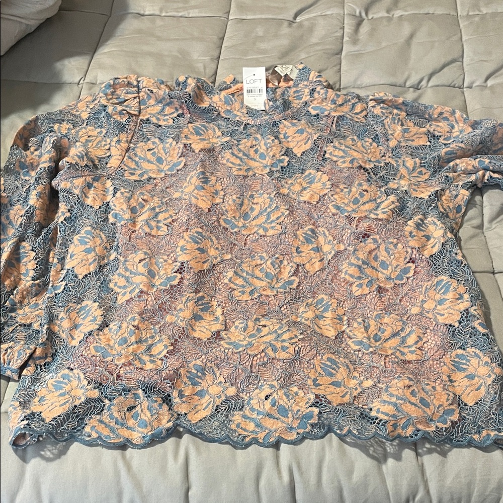 LOFT Women's Lace Floral Blouse - Blue and Peach